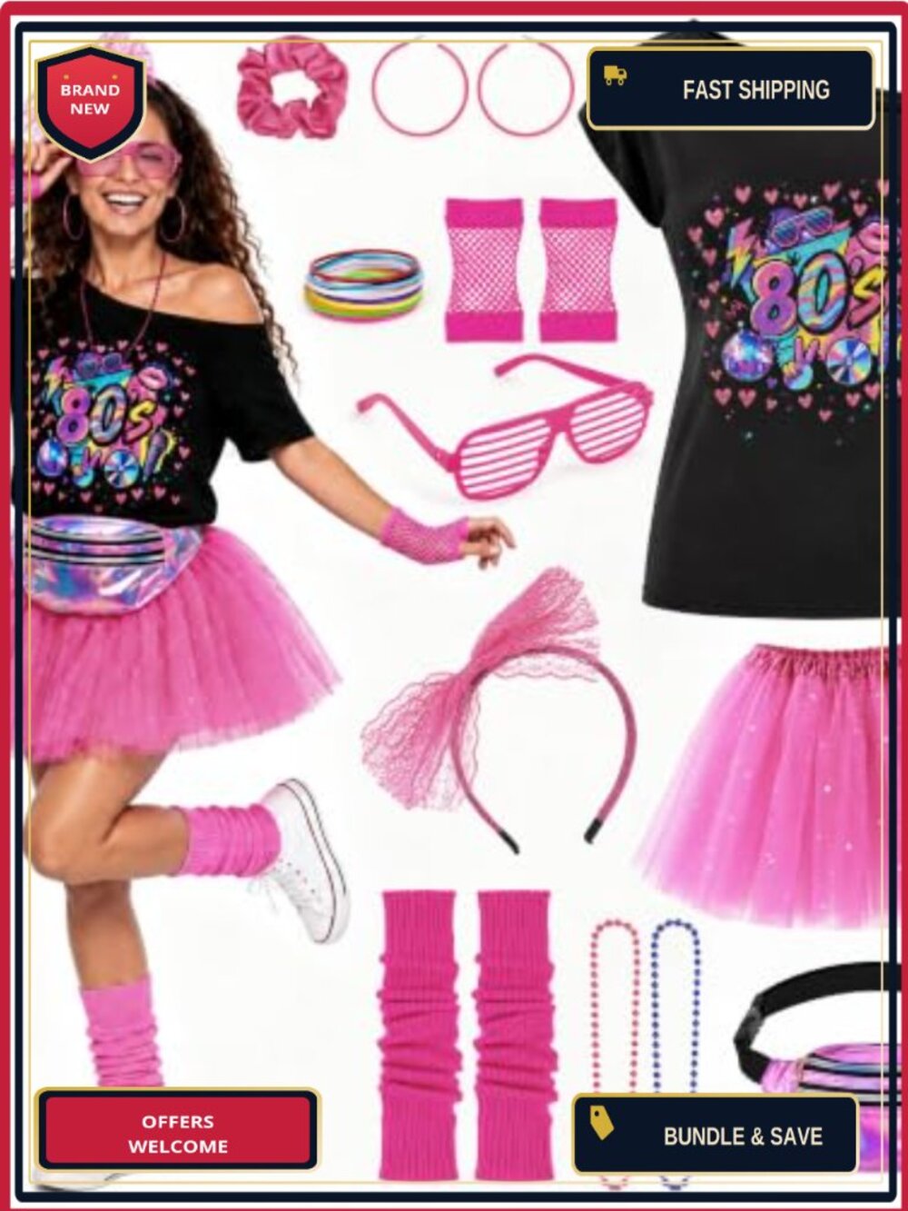 80s Outfit Set 12 Pc Neon Party Costume Accessories Leg Warmers